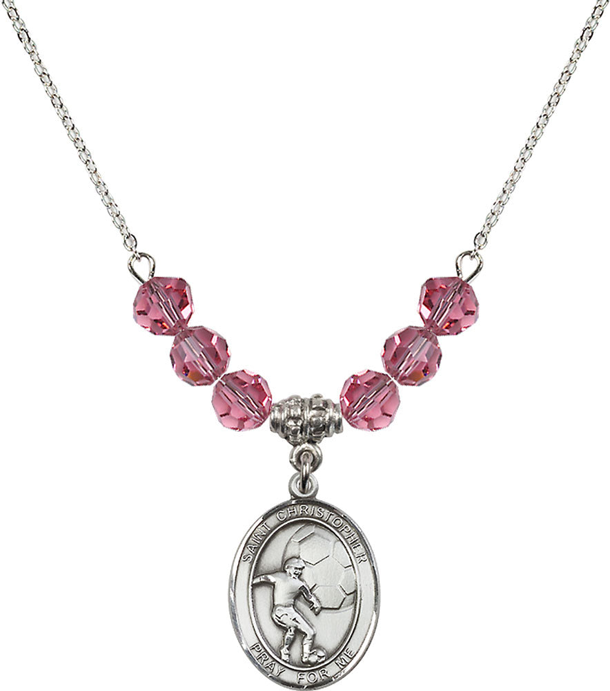 Sterling Silver Saint Christopher/Soccer Birthstone Necklace with Rose Beads - 8503