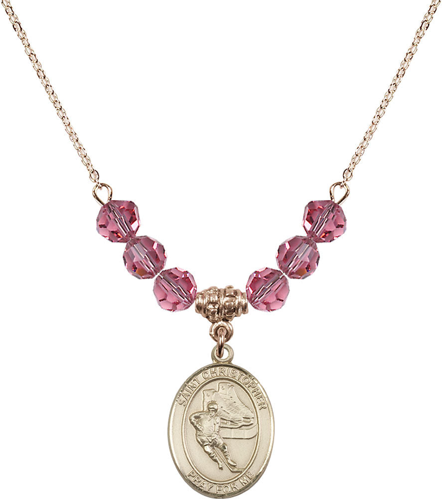 14kt Gold Filled Saint Christopher/Hockey Birthstone Necklace with Rose Beads - 8504