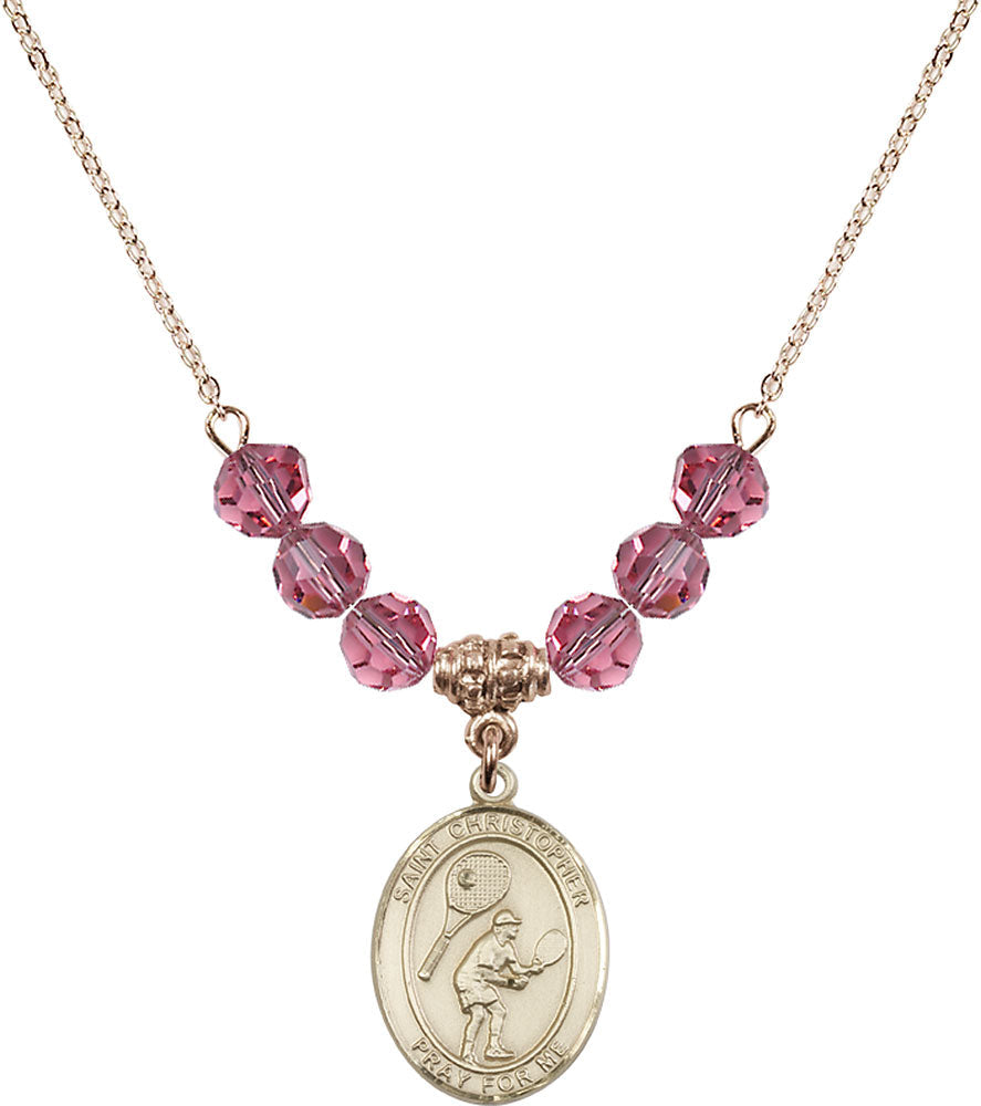 14kt Gold Filled Saint Christopher/Tennis Birthstone Necklace with Rose Beads - 8505