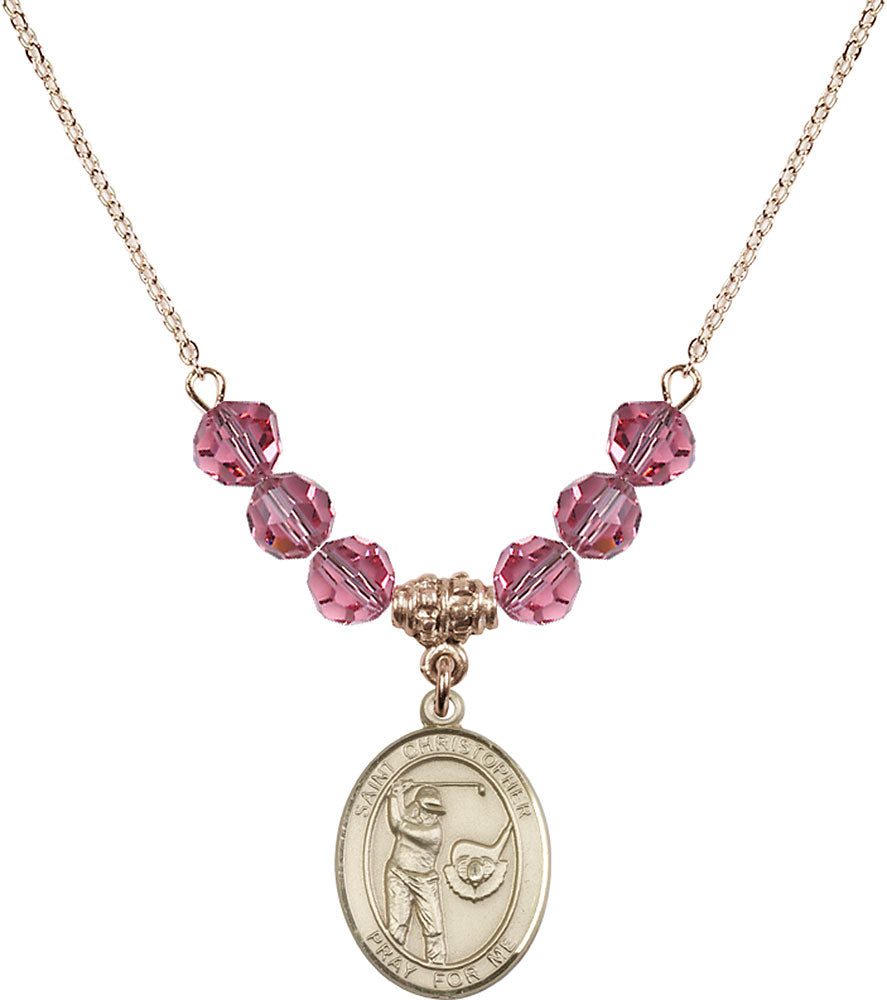 14kt Gold Filled Saint Christopher/Golf Birthstone Necklace with Rose Beads - 8506