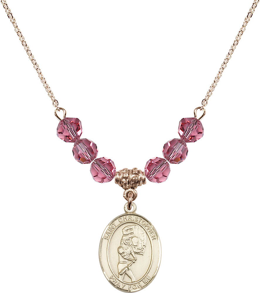14kt Gold Filled Saint Christopher/Softball Birthstone Necklace with Rose Beads - 8507
