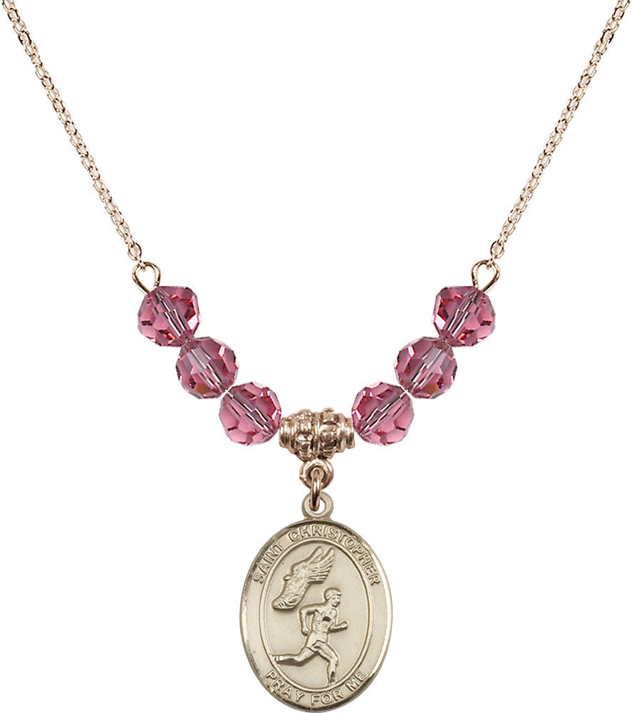 14kt Gold Filled Saint Christopher/Track&Field-Men Birthstone Necklace with Rose Beads - 8509