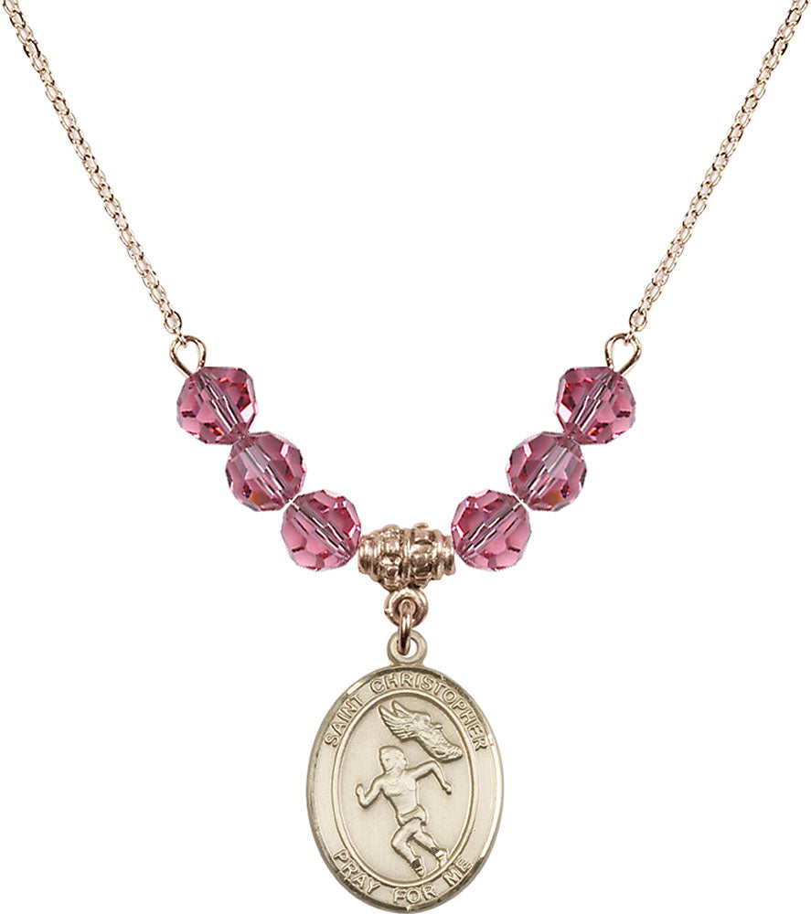 14kt Gold Filled Saint Christopher/Track&Field-Women Birthstone Necklace with Rose Beads - 8510