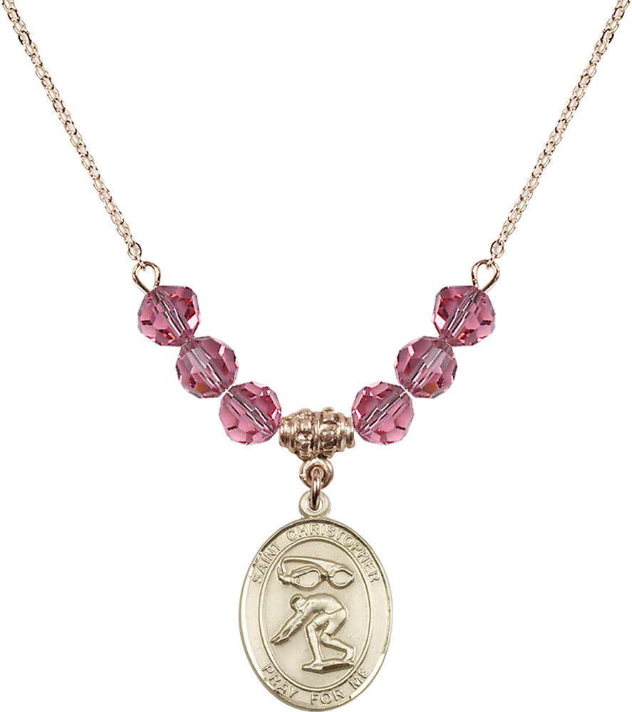 14kt Gold Filled Saint Christopher/Swimming Birthstone Necklace with Rose Beads - 8511