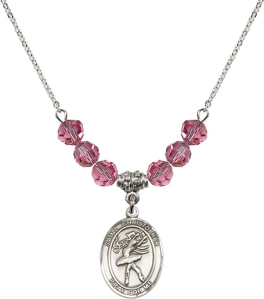 Sterling Silver Saint Christopher/Dance Birthstone Necklace with Rose Beads - 8512