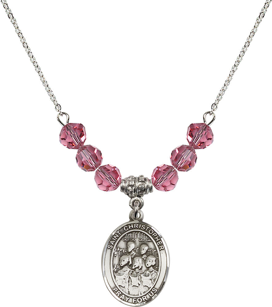 Sterling Silver Saint Christopher / Choir Birthstone Necklace with Rose Beads - 8514