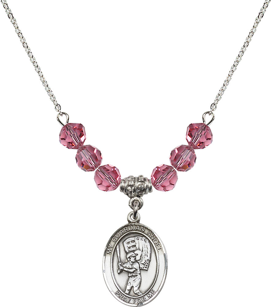 Sterling Silver Guardian Angel/Baseball Birthstone Necklace with Rose Beads - 8700