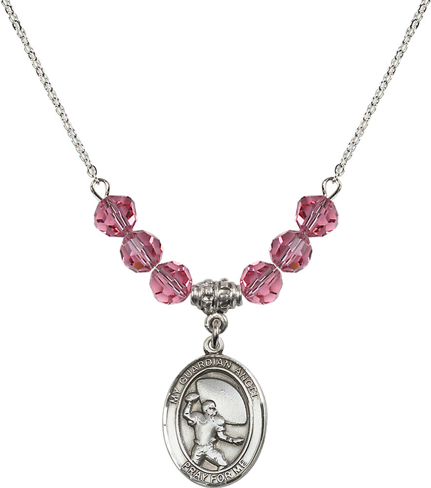 Sterling Silver Guardian Angel/Football Birthstone Necklace with Rose Beads - 8701