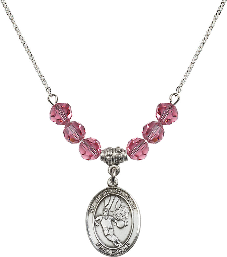 Sterling Silver Guardian Angel/Basketball Birthstone Necklace with Rose Beads - 8702