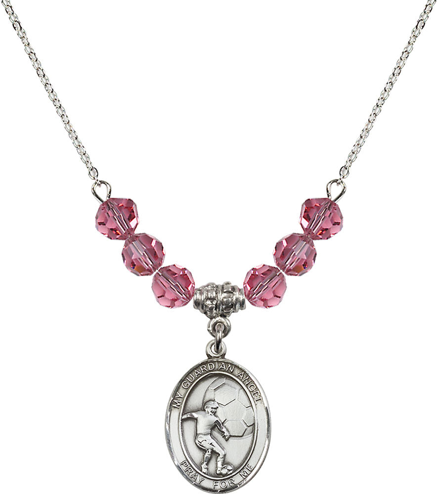 Sterling Silver Guardian Angel/Soccer Birthstone Necklace with Rose Beads - 8703