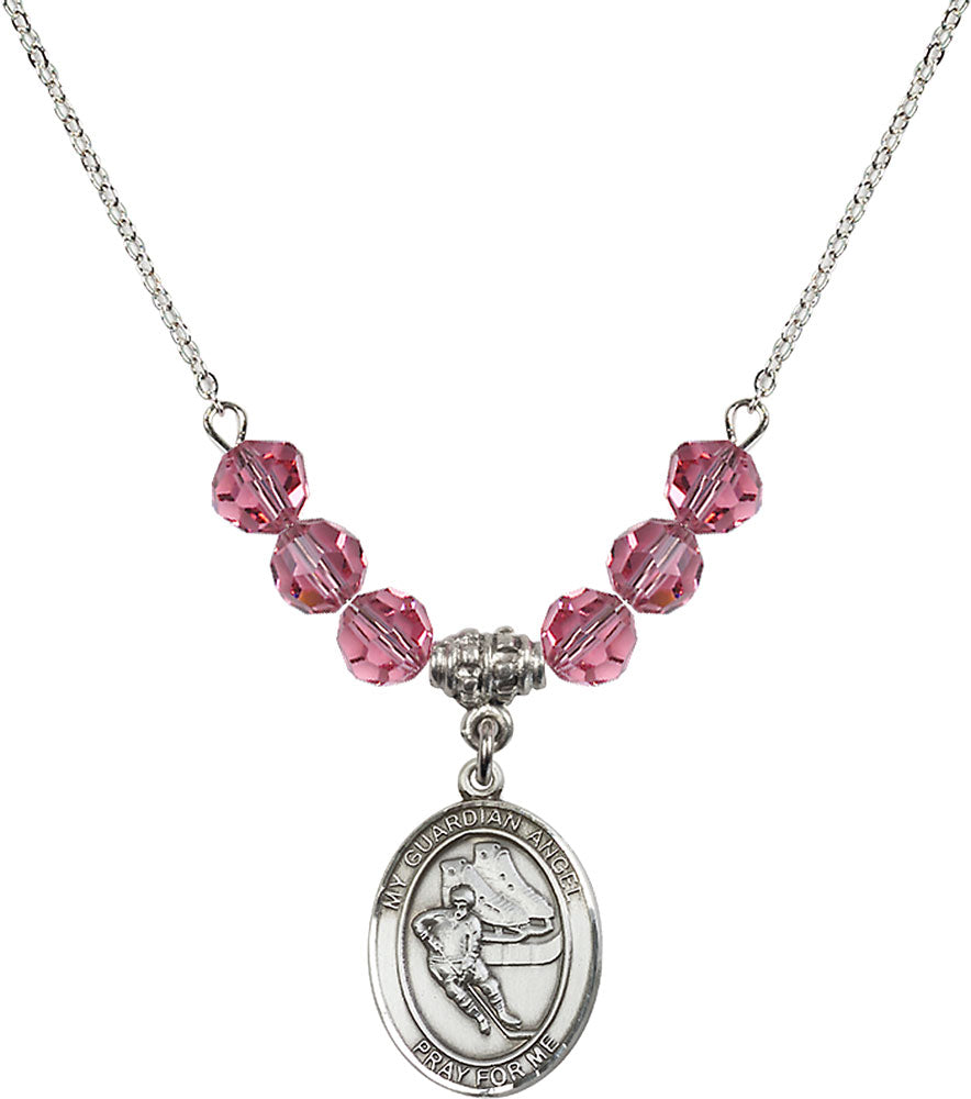 Sterling Silver Guardian Angel/Hockey Birthstone Necklace with Rose Beads - 8704