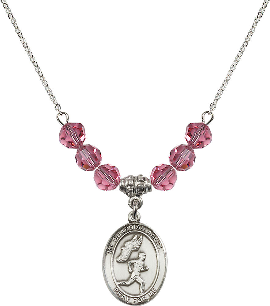 Sterling Silver Guardian Angel/Track&Field-Men Birthstone Necklace with Rose Beads - 8709