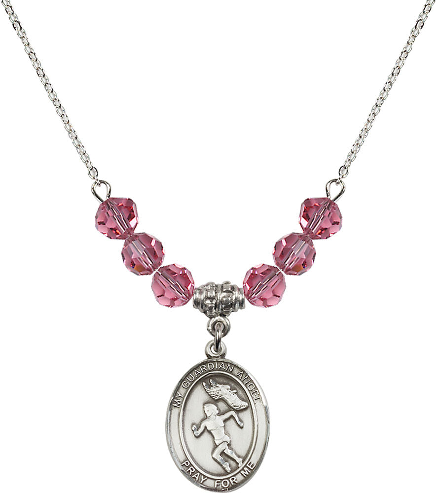 Sterling Silver Guardian Angel/Track&Field-Women Birthstone Necklace with Rose Beads - 8710