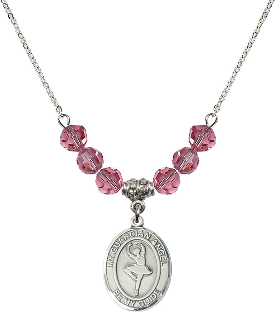 Sterling Silver Guardian Angel/Dance Birthstone Necklace with Rose Beads - 8712