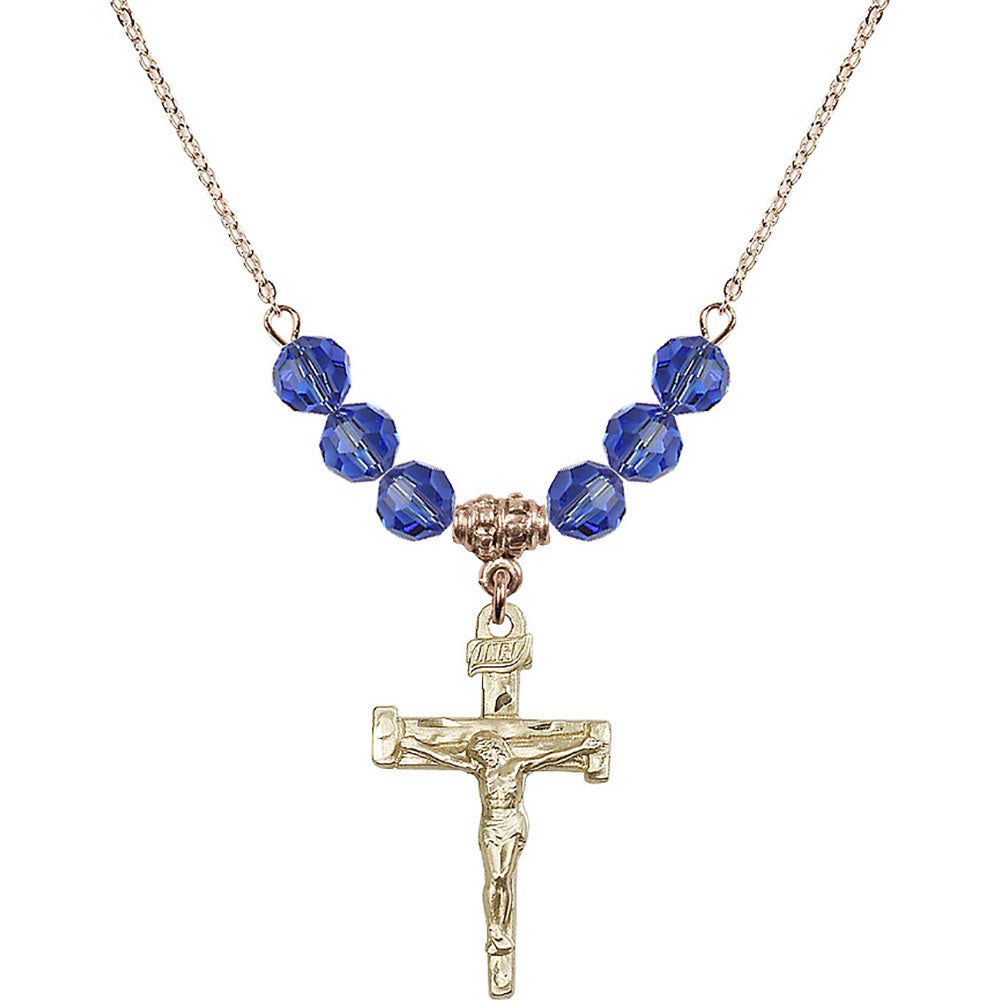 14kt Gold Filled Nail Crucifix Birthstone Necklace with Sapphire Beads - 0073