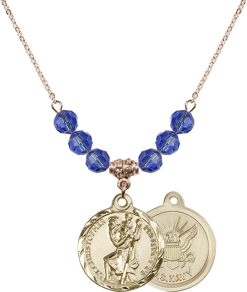 14kt Gold Filled Saint Christopher / Navy Birthstone Necklace with Sapphire Beads - 0192