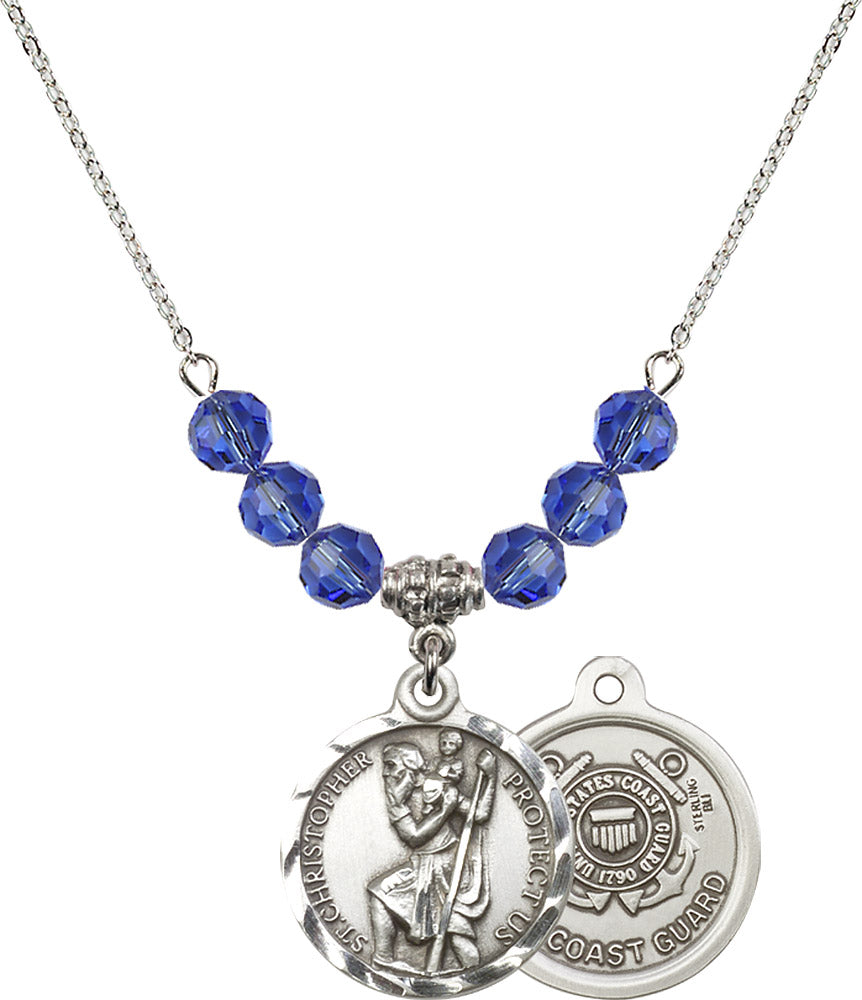 Sterling Silver Saint Christopher / Coast Guard Birthstone Necklace with Sapphire Beads - 0192