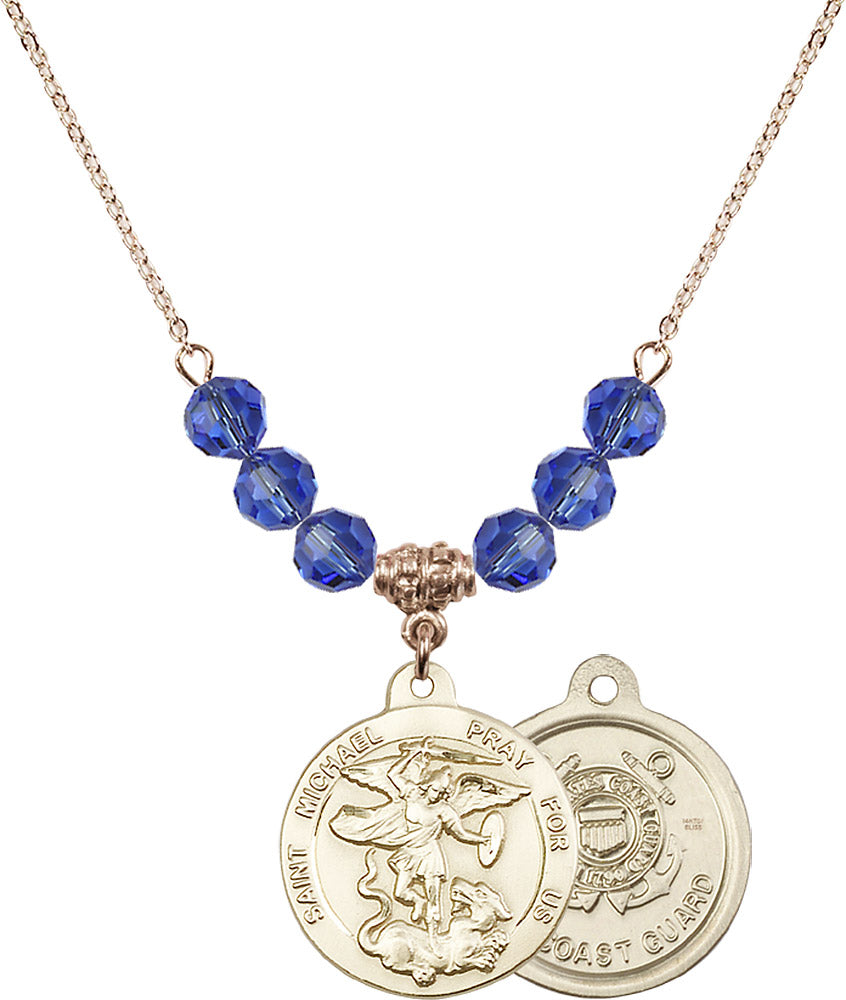 14kt Gold Filled Saint Michael / Coast Guard Birthstone Necklace with Sapphire Beads - 0342