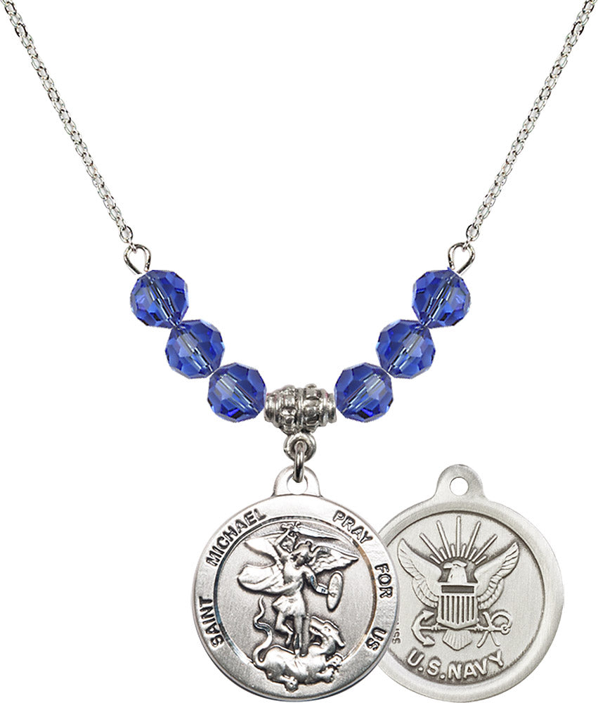Sterling Silver Saint Michael / Navy Birthstone Necklace with Sapphire Beads - 0342