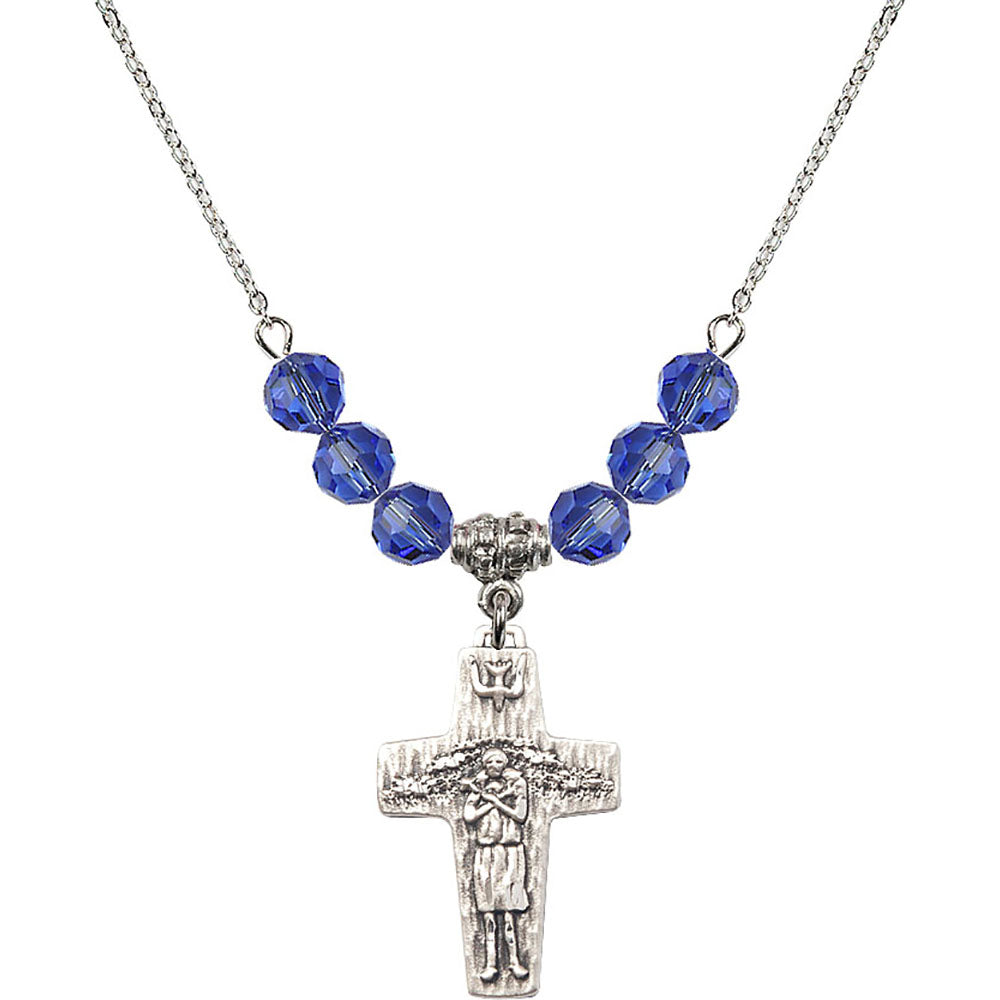 Sterling Silver Papal Crucifix Birthstone Necklace with Sapphire Beads - 0569