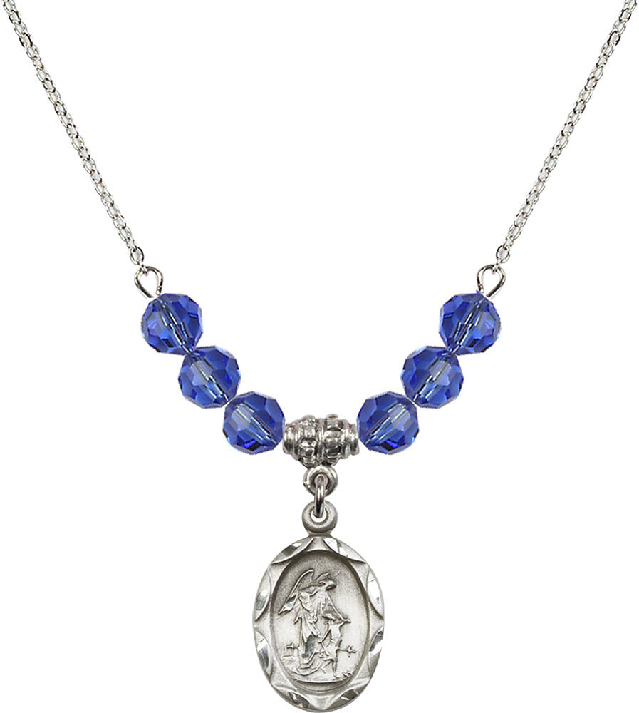 Sterling Silver Guardian Angel Birthstone Necklace with Sapphire Beads - 0612