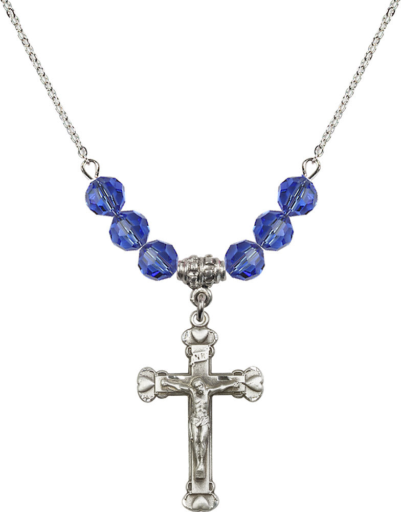 Sterling Silver Crucifix Birthstone Necklace with Sapphire Beads - 0620