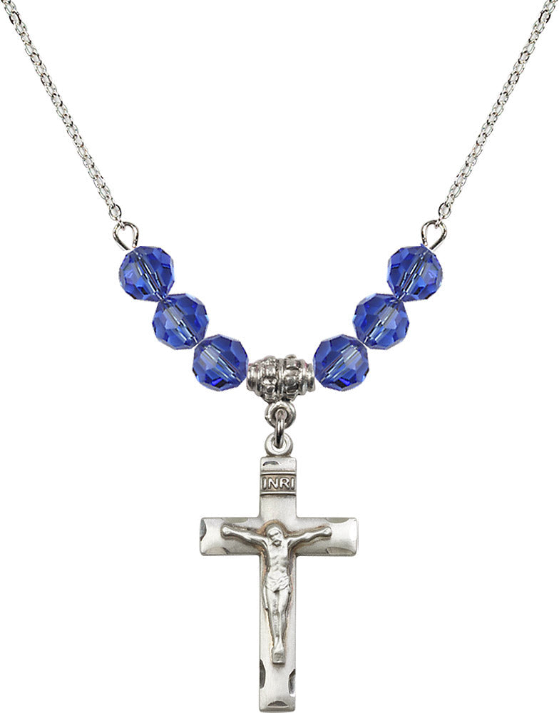 Sterling Silver Crucifix Birthstone Necklace with Sapphire Beads - 0624