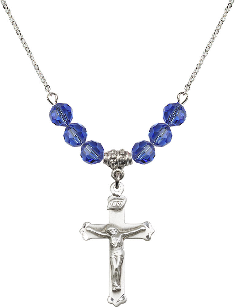 Sterling Silver Crucifix Birthstone Necklace with Sapphire Beads - 0651