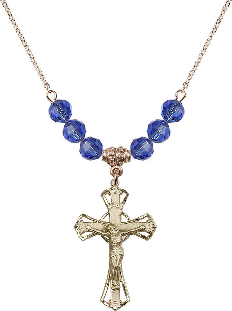 14kt Gold Filled Crucifix Birthstone Necklace with Sapphire Beads - 0659