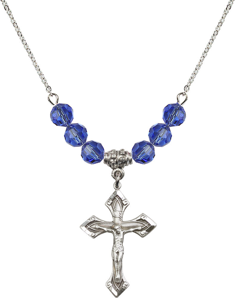 Sterling Silver Crucifix Birthstone Necklace with Sapphire Beads - 0663