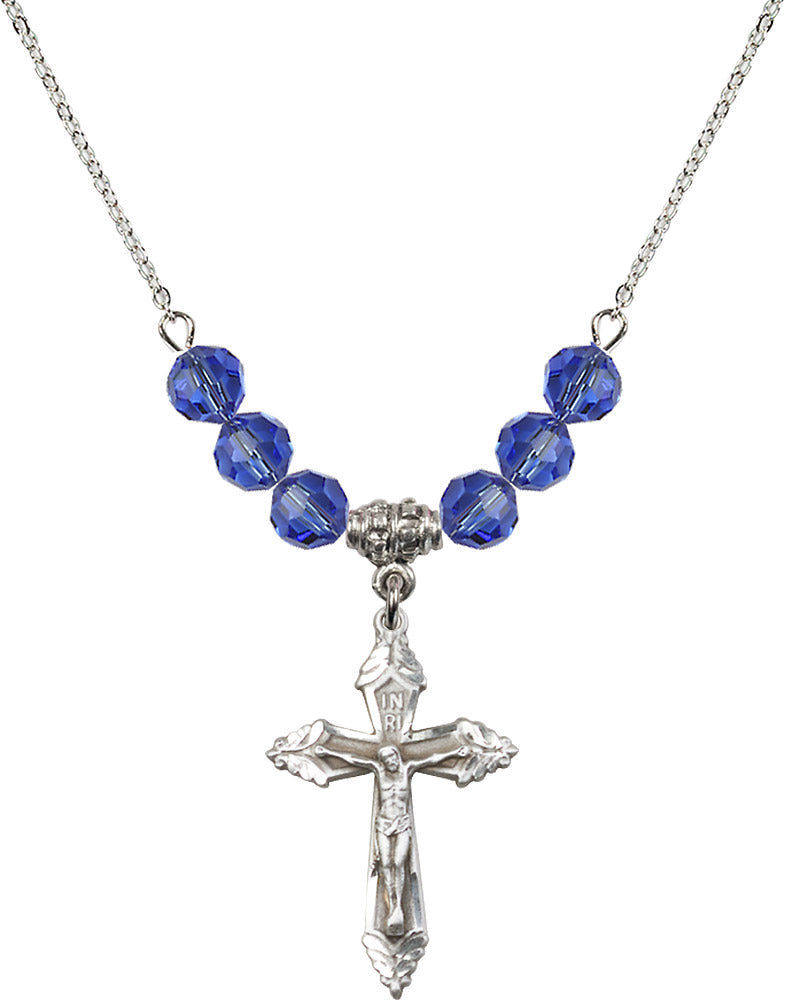 Sterling Silver Crucifix Birthstone Necklace with Sapphire Beads - 0665