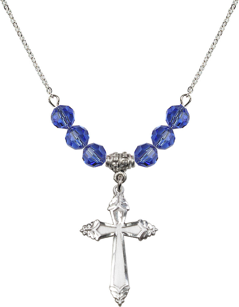 Sterling Silver Cross Birthstone Necklace with Sapphire Beads - 0665