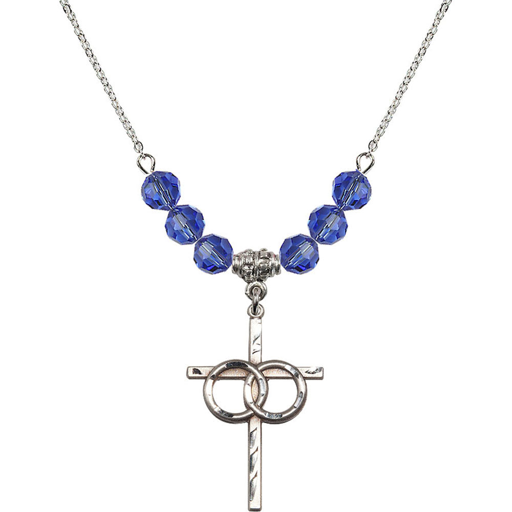 Sterling Silver Wedding Rings Cross Birthstone Necklace with Sapphire Beads - 0671