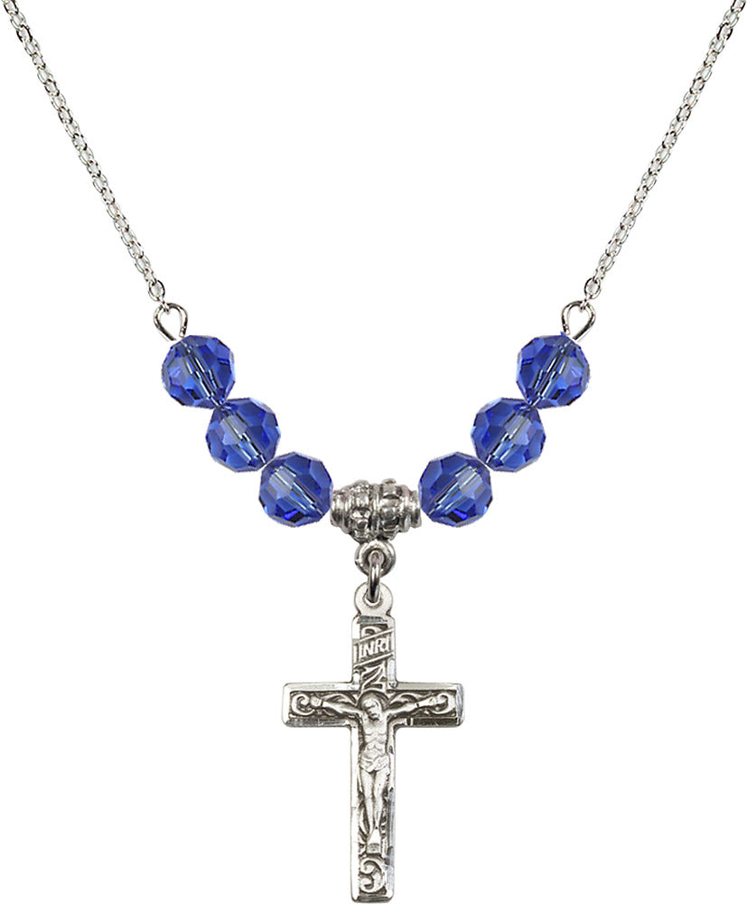 Sterling Silver Crucifix Birthstone Necklace with Sapphire Beads - 0673