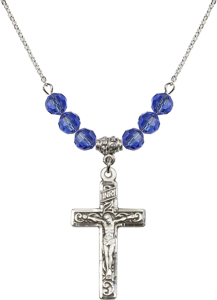 Sterling Silver Crucifix Birthstone Necklace with Sapphire Beads - 0674