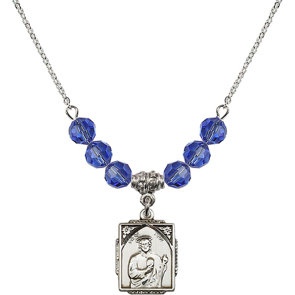 Sterling Silver Saint Jude Birthstone Necklace with Sapphire Beads - 0804