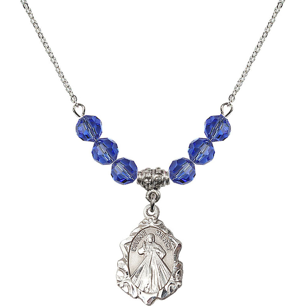 Sterling Silver Divine Mercy Birthstone Necklace with Sapphire Beads - 0822