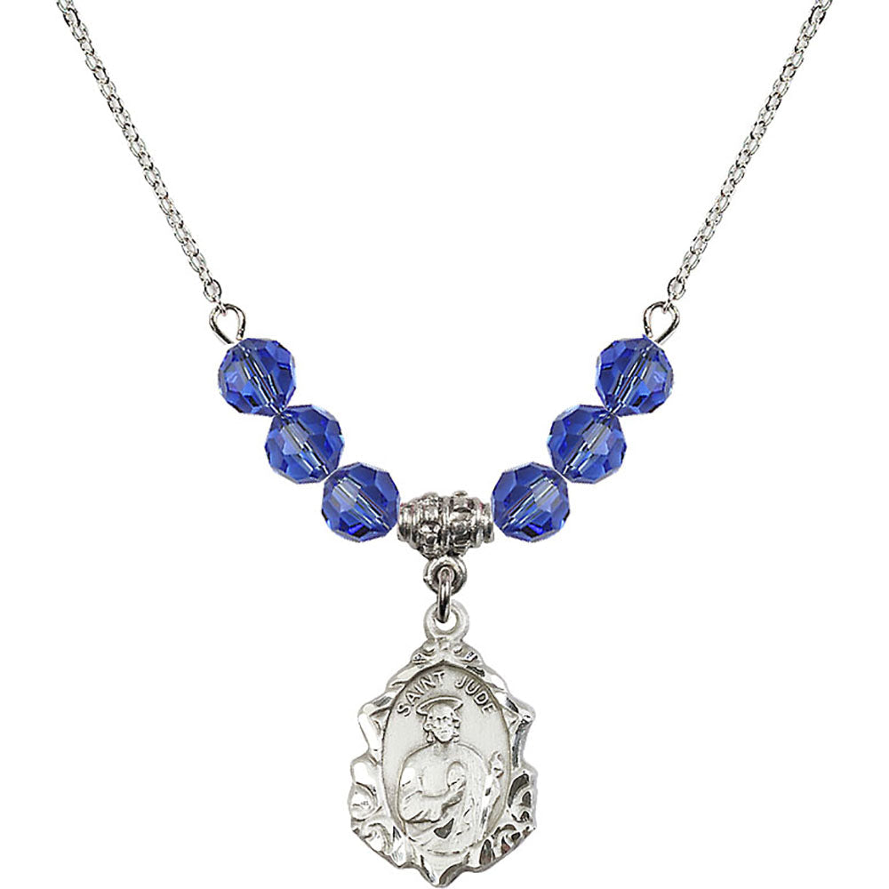 Sterling Silver Saint Jude Birthstone Necklace with Sapphire Beads - 0822