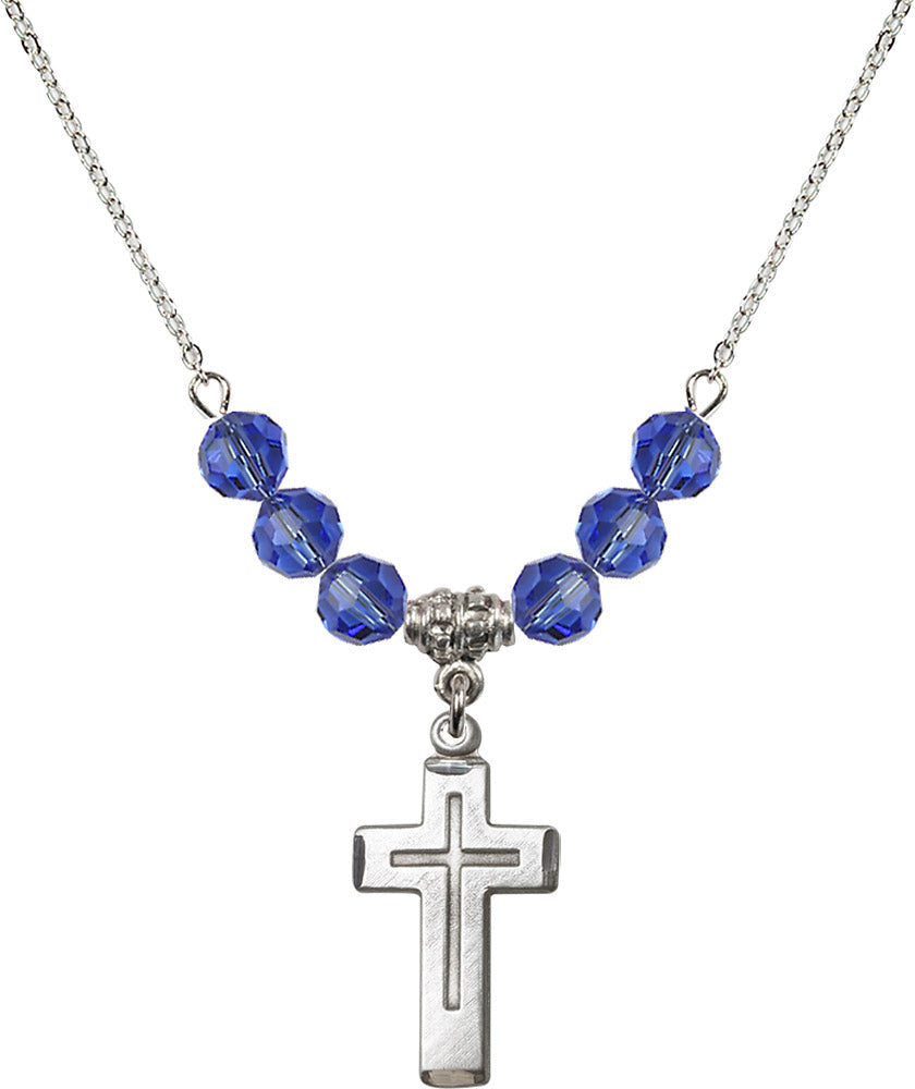 Sterling Silver Cross Birthstone Necklace with Sapphire Beads - 1529