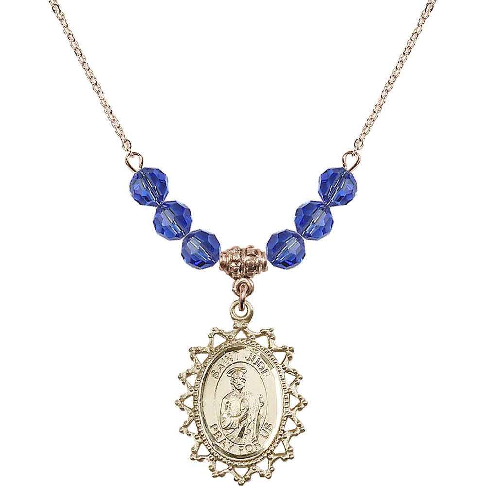 14kt Gold Filled Saint Jude Birthstone Necklace with Sapphire Beads - 1619