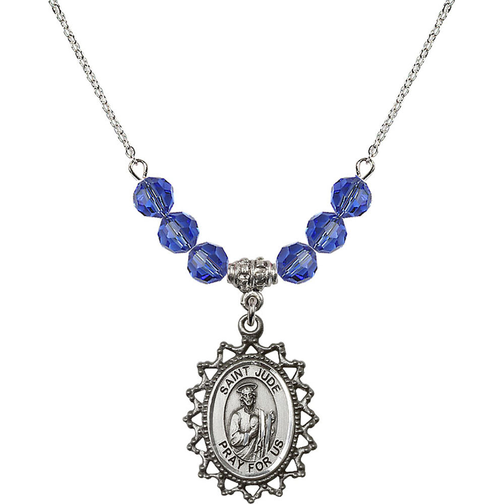 Sterling Silver Saint Jude Birthstone Necklace with Sapphire Beads - 1619
