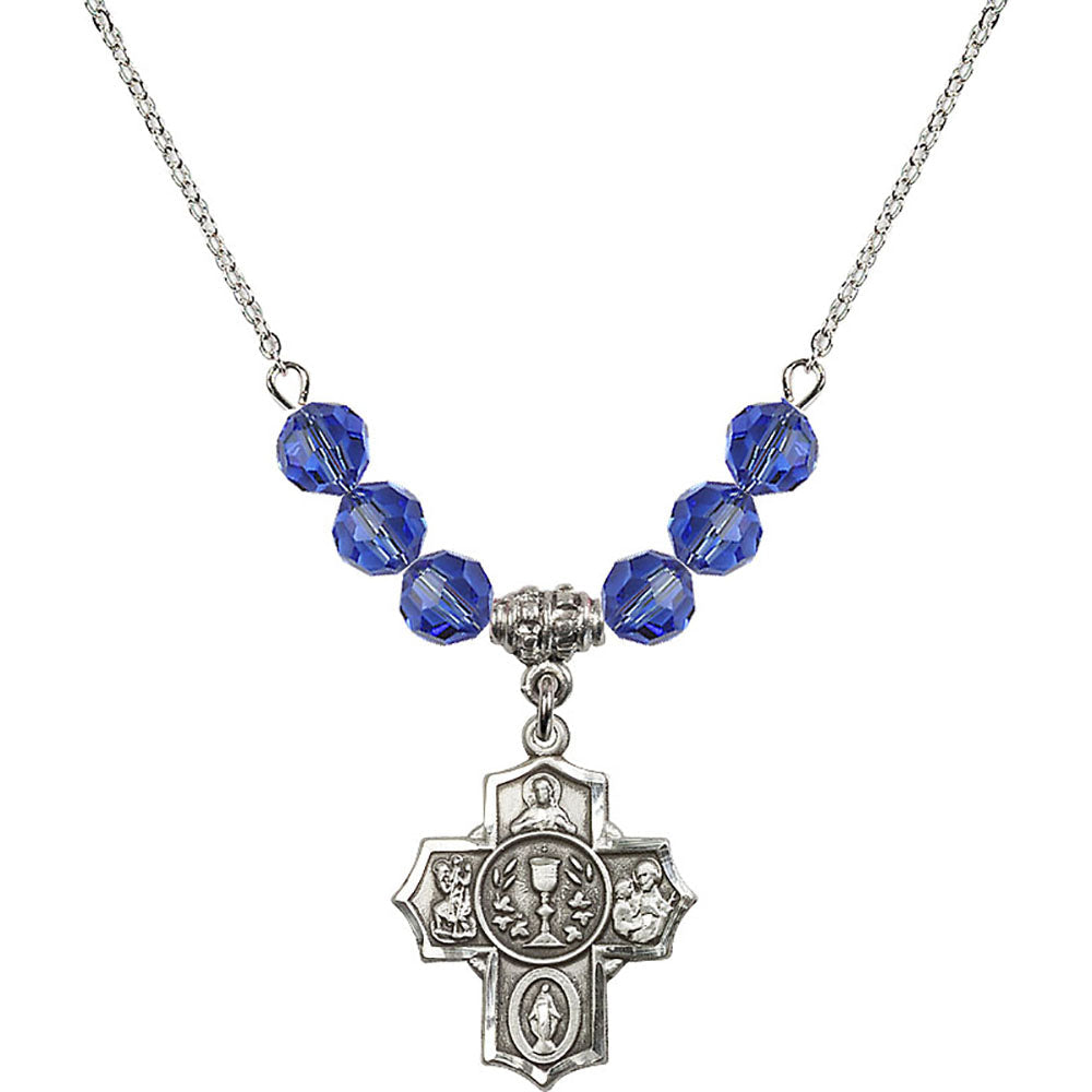 Sterling Silver Communion/5-Way Birthstone Necklace with Sapphire Beads - 2004