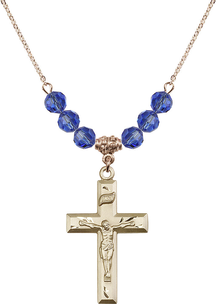 14kt Gold Filled Crucifix Birthstone Necklace with Sapphire Beads - 2186
