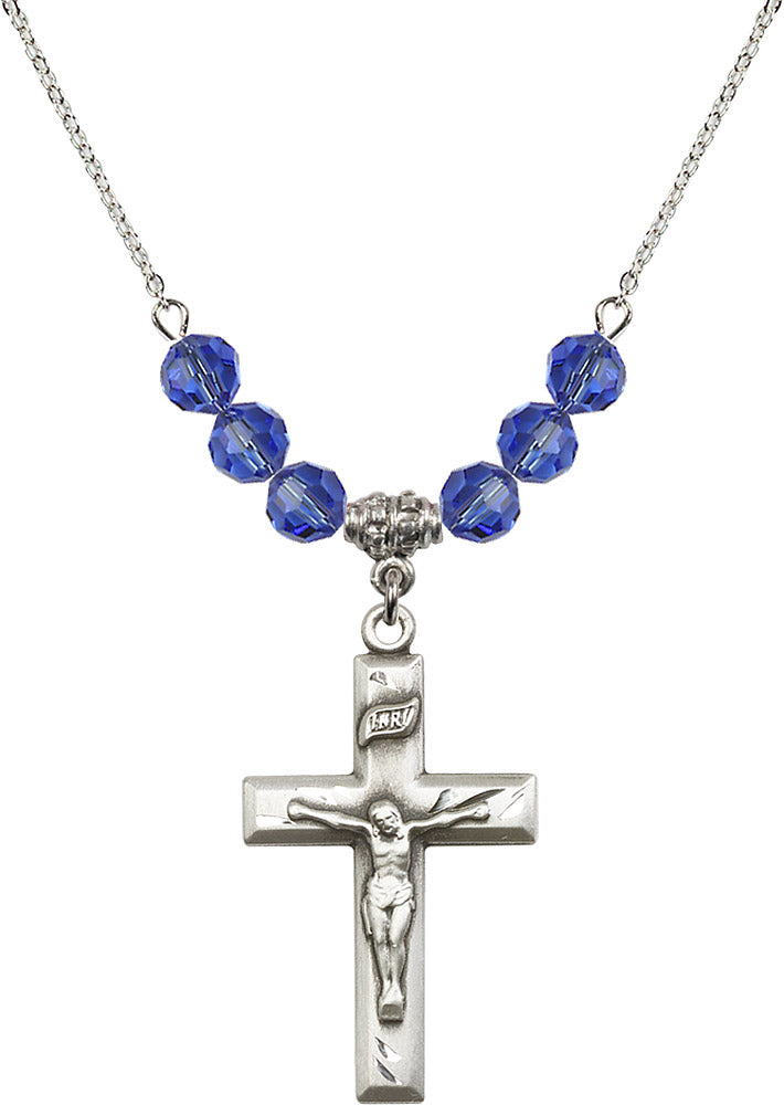 Sterling Silver Crucifix Birthstone Necklace with Sapphire Beads - 2186