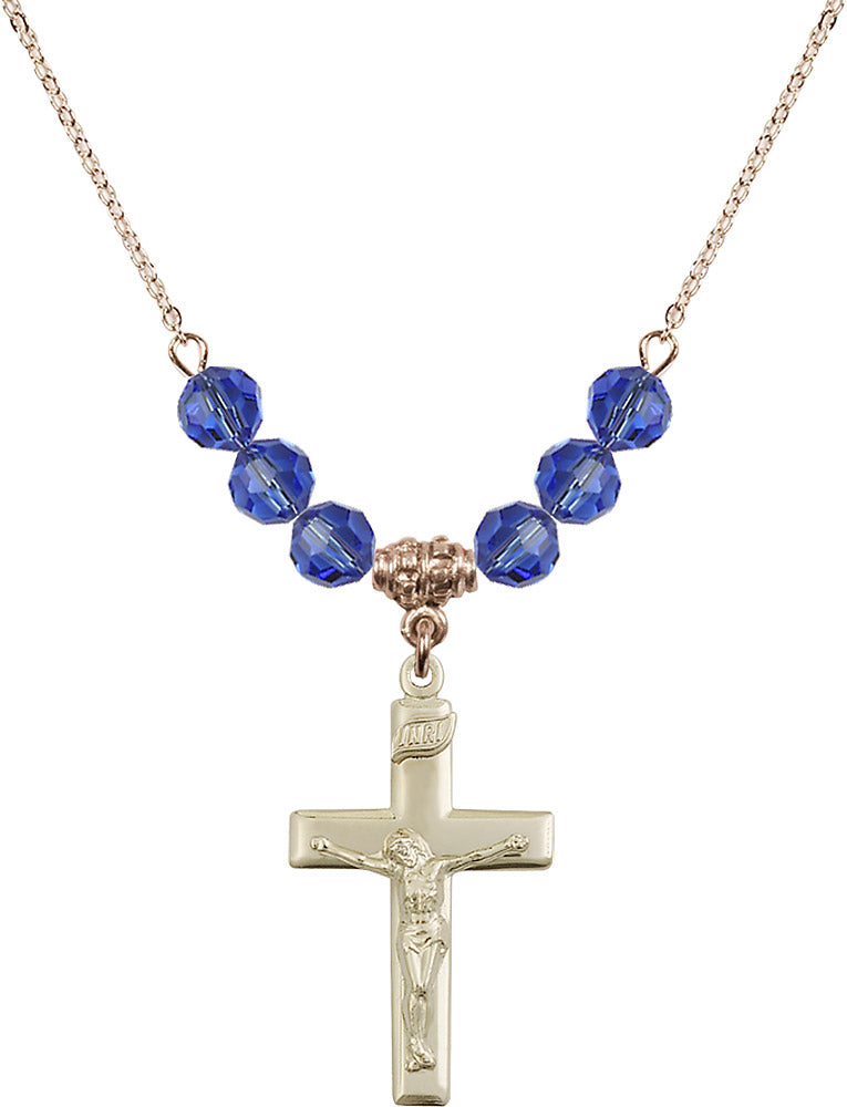 14kt Gold Filled Crucifix Birthstone Necklace with Sapphire Beads - 2191