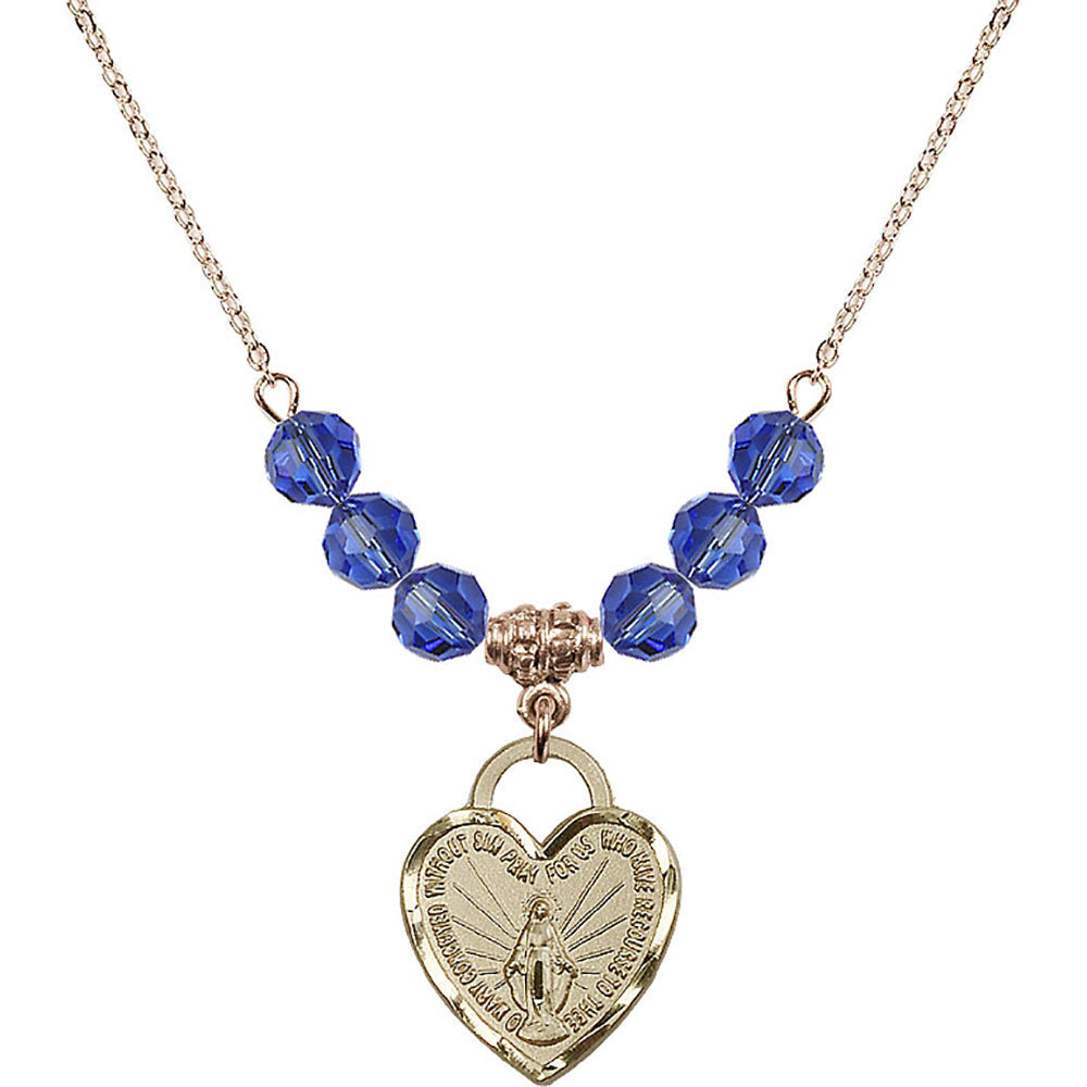 14kt Gold Filled Miraculous Heart Birthstone Necklace with Sapphire Beads - 3201