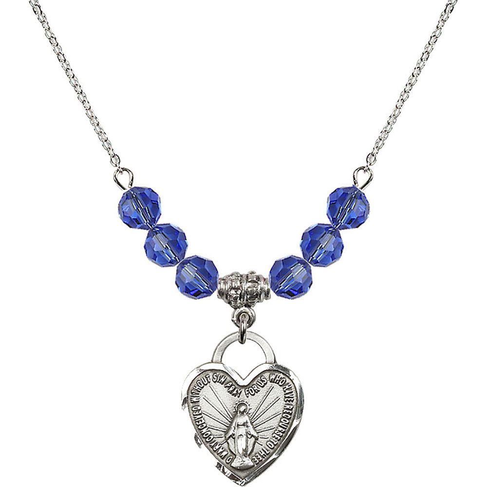 Sterling Silver Miraculous Heart Birthstone Necklace with Sapphire Beads - 3201
