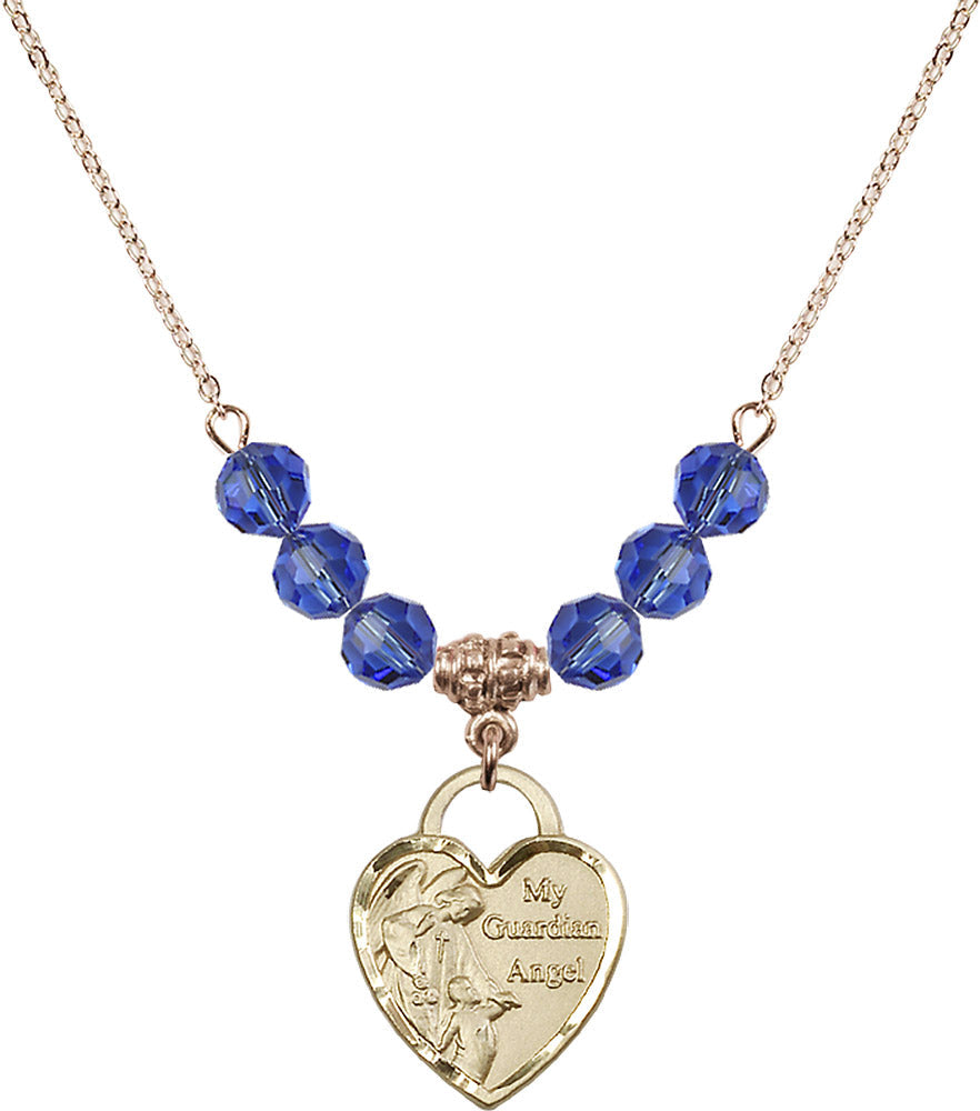 14kt Gold Filled Guardian Angel Heart Birthstone Necklace with Sapphire Beads - 3202