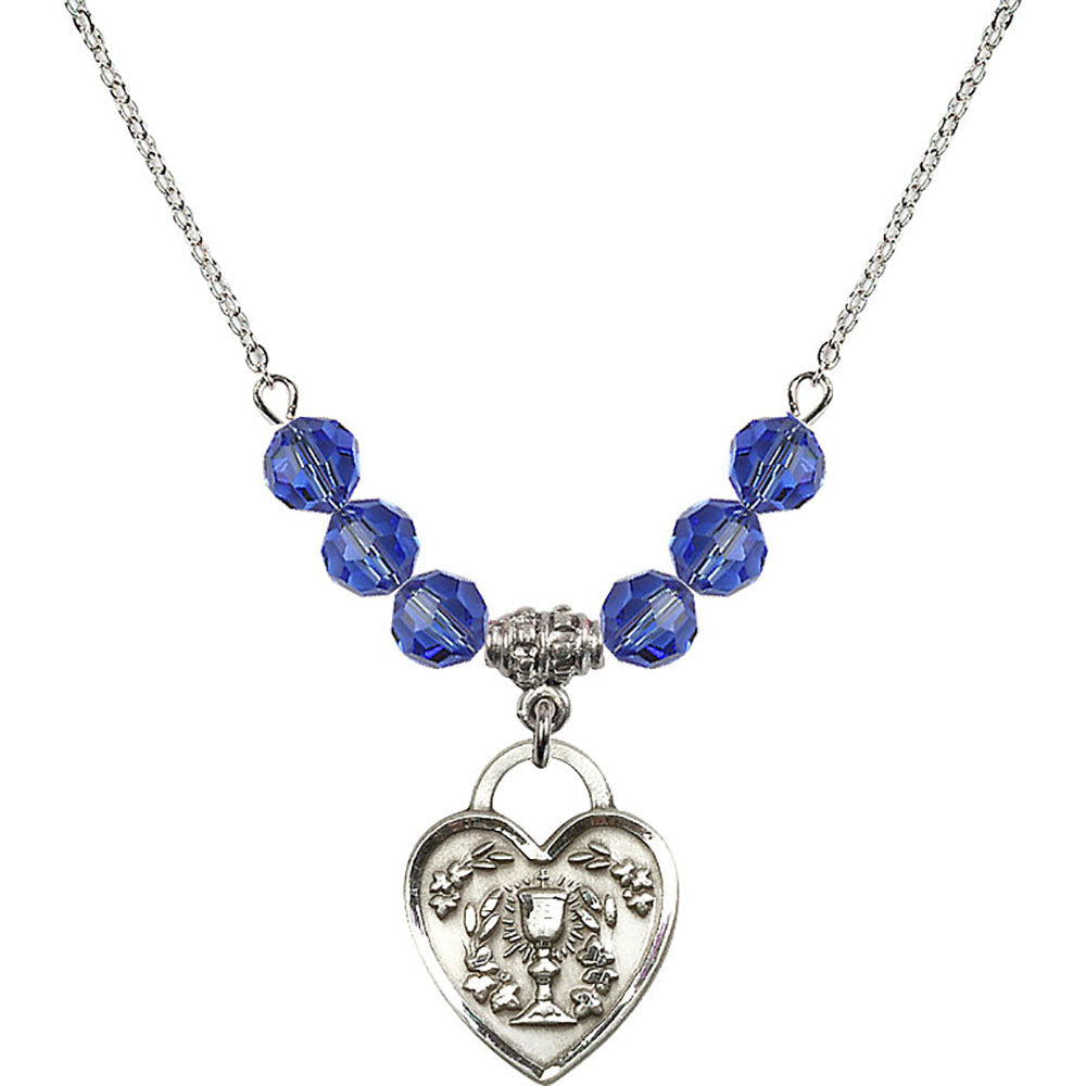 Sterling Silver Communion Heart Birthstone Necklace with Sapphire Beads - 3204
