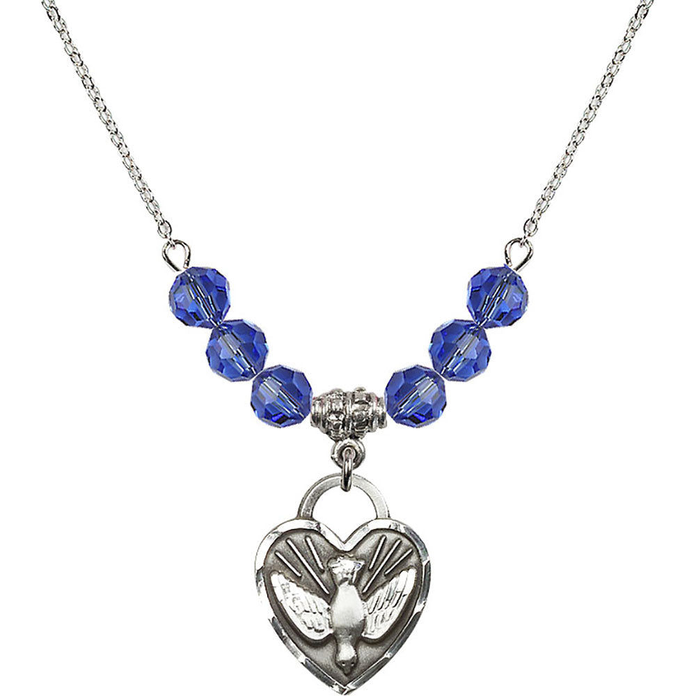 Sterling Silver Confirmation Heart Birthstone Necklace with Sapphire Beads - 3205